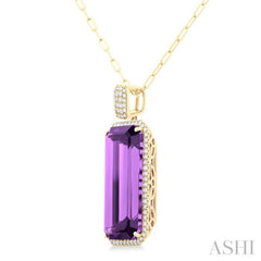 26x12 MM Emerald Cut Amethyst and 1/2 Ctw Round Cut Diamond Halo Semi-Precious Pendant With Paperclip Chain in 14K Yellow Gold