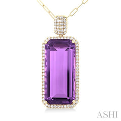 26x12 MM Emerald Cut Amethyst and 1/2 Ctw Round Cut Diamond Halo Semi-Precious Pendant With Paperclip Chain in 14K Yellow Gold