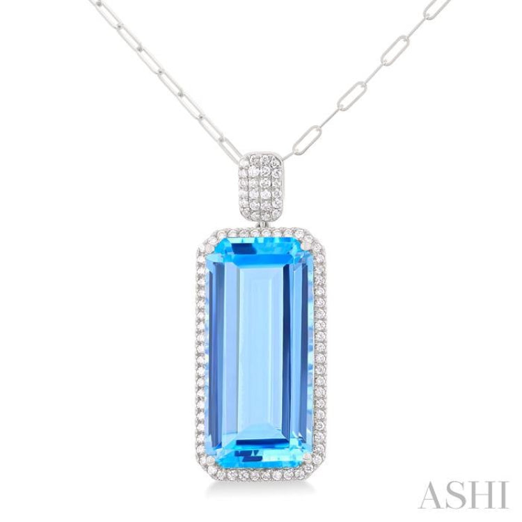 26x12 MM Emerald Cut Blue Topaz and 1/2 Ctw Round Cut Diamond Halo Semi-Precious Pendant With Paperclip Chain in 14K White Gold