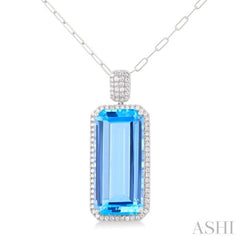 26x12 MM Emerald Cut Blue Topaz and 1/2 Ctw Round Cut Diamond Halo Semi-Precious Pendant With Paperclip Chain in 14K White Gold