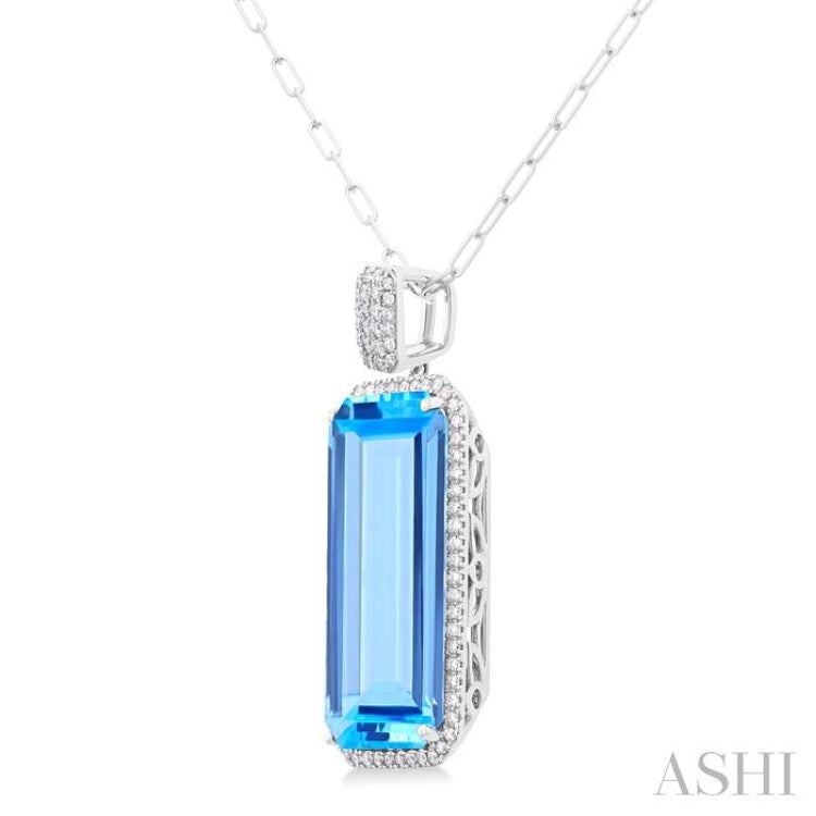 26x12 MM Emerald Cut Blue Topaz and 1/2 Ctw Round Cut Diamond Halo Semi-Precious Pendant With Paperclip Chain in 14K White Gold