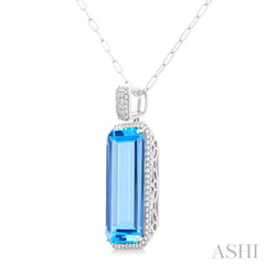 26x12 MM Emerald Cut Blue Topaz and 1/2 Ctw Round Cut Diamond Halo Semi-Precious Pendant With Paperclip Chain in 14K White Gold