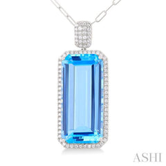 26x12 MM Emerald Cut Blue Topaz and 1/2 Ctw Round Cut Diamond Halo Semi-Precious Pendant With Paperclip Chain in 14K White Gold