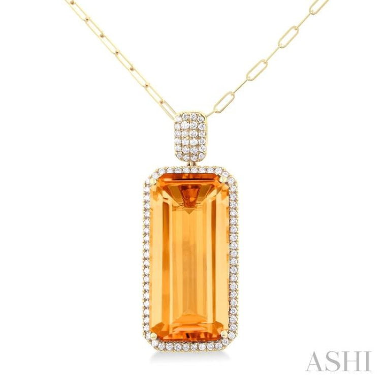 26x12 MM Emerald Cut Citrine and 1/2 Ctw Round Cut Diamond Halo Semi-Precious Pendant With Paperclip Chain in 14K Yellow Gold