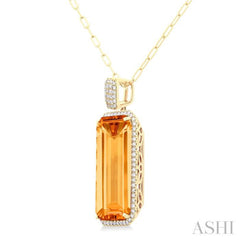 26x12 MM Emerald Cut Citrine and 1/2 Ctw Round Cut Diamond Halo Semi-Precious Pendant With Paperclip Chain in 14K Yellow Gold