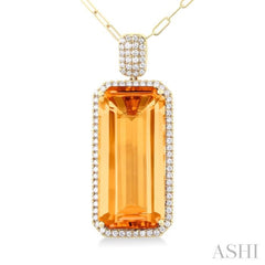 26x12 MM Emerald Cut Citrine and 1/2 Ctw Round Cut Diamond Halo Semi-Precious Pendant With Paperclip Chain in 14K Yellow Gold