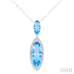 18x8 MM & 10x5 MM Oval Cut Blue Topaz and 1/3 Ctw Round Cut Diamond Halo Semi-Precious Pendant With Chain in 14K White Gold