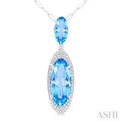 18x8 MM & 10x5 MM Oval Cut Blue Topaz and 1/3 Ctw Round Cut Diamond Halo Semi-Precious Pendant With Chain in 14K White Gold