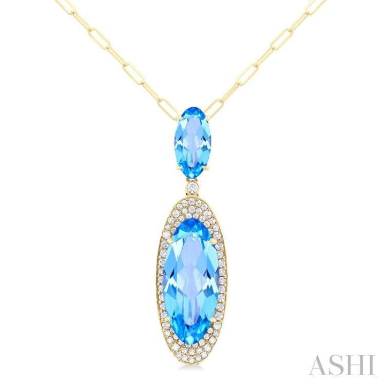 18x8 MM & 10x5 MM Oval Cut Blue Topaz and 1/3 Ctw Round Cut Diamond Halo Semi-Precious Pendant With Chain in 14K Yellow Gold