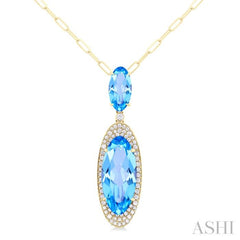 18x8 MM & 10x5 MM Oval Cut Blue Topaz and 1/3 Ctw Round Cut Diamond Halo Semi-Precious Pendant With Chain in 14K Yellow Gold