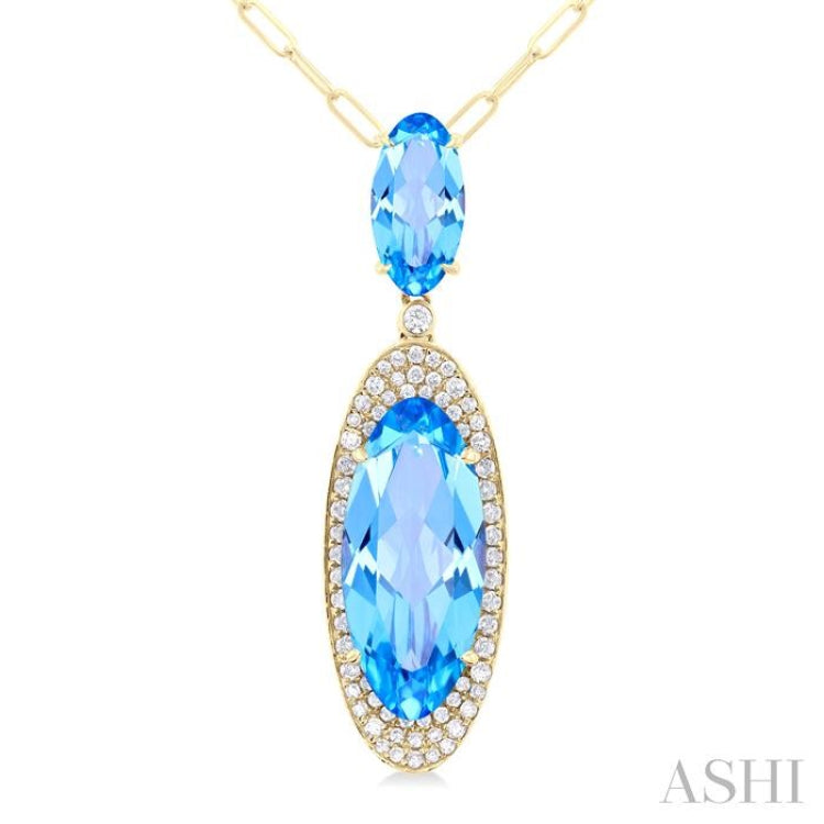 18x8 MM & 10x5 MM Oval Cut Blue Topaz and 1/3 Ctw Round Cut Diamond Halo Semi-Precious Pendant With Chain in 14K Yellow Gold