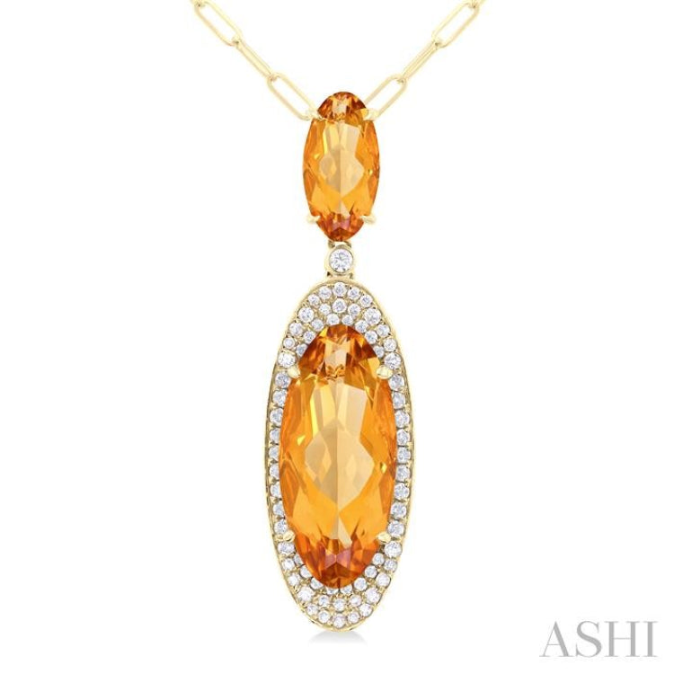 18x8 MM & 10x5 MM Oval Cut Citrine and 1/3 Ctw Round Cut Diamond Halo Semi-Precious Pendant With Chain in 14K Yellow Gold