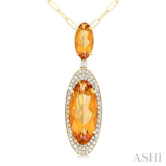 18x8 MM & 10x5 MM Oval Cut Citrine and 1/3 Ctw Round Cut Diamond Halo Semi-Precious Pendant With Chain in 14K Yellow Gold