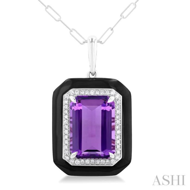14x10 MM Emerald Cut Amethyst and 1/5 Ctw Round Cut Diamond Halo & Black Enamel Border Semi-Precious Pendant With Chain in 14K White Gold