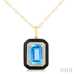 14x10 MM Emerald Cut Blue Topaz and 1/5 Ctw Round Cut Diamond Halo & Black Enamel Border Semi-Precious Pendant With Chain in 14K Yellow Gold
