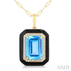 14x10 MM Emerald Cut Blue Topaz and 1/5 Ctw Round Cut Diamond Halo & Black Enamel Border Semi-Precious Pendant With Chain in 14K Yellow Gold