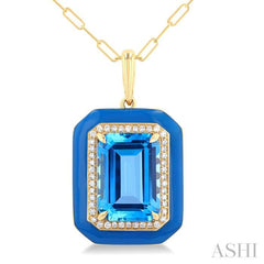 14x10 MM Emerald Cut Blue Topaz and 1/5 Ctw Round Cut Diamond Halo & Blue Enamel Border Semi-Precious Pendant With Chain in 14K Yellow Gold