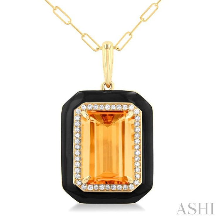 14x10 MM Emerald Cut Citrine and 1/5 Ctw Round Cut Diamond Halo & Black Enamel Border Semi-Precious Pendant With Chain in 14K Yellow Gold