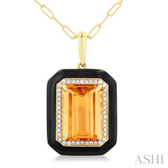 14x10 MM Emerald Cut Citrine and 1/5 Ctw Round Cut Diamond Halo & Black Enamel Border Semi-Precious Pendant With Chain in 14K Yellow Gold