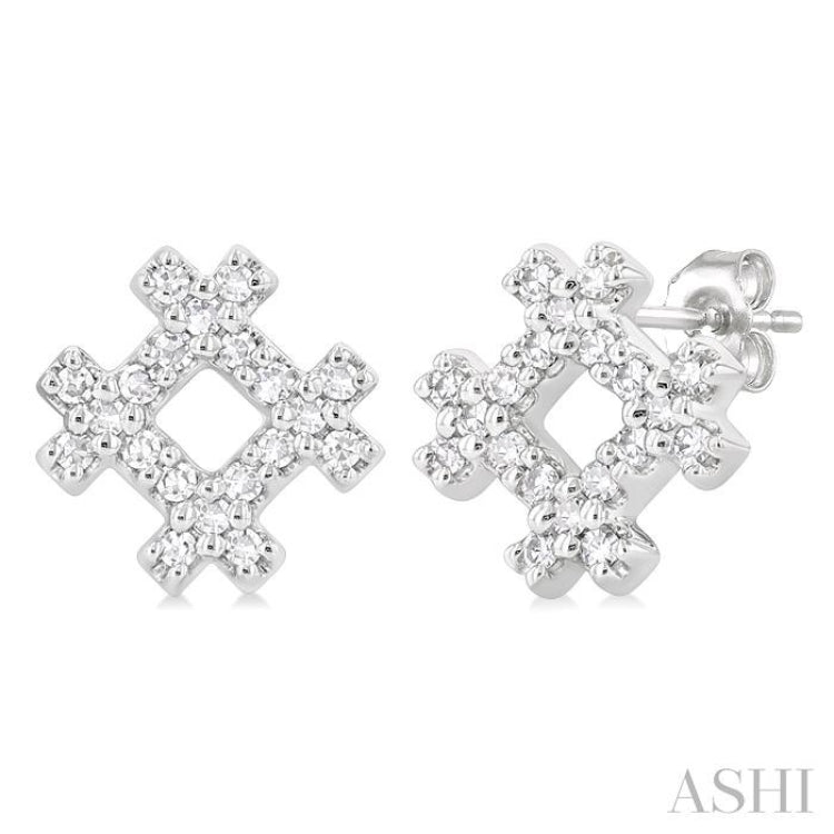 1/8 Ctw Petite Hashtag Motif Round Cut Diamond Fashion Earrings in 10K White Gold