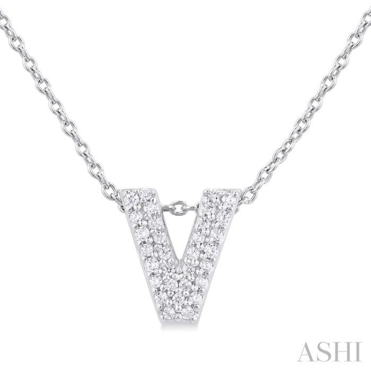 1/10 Ctw Bubble Accent Initial 'V' Round Cut Diamond Fashion Pendant With Chain in 10K White Gold