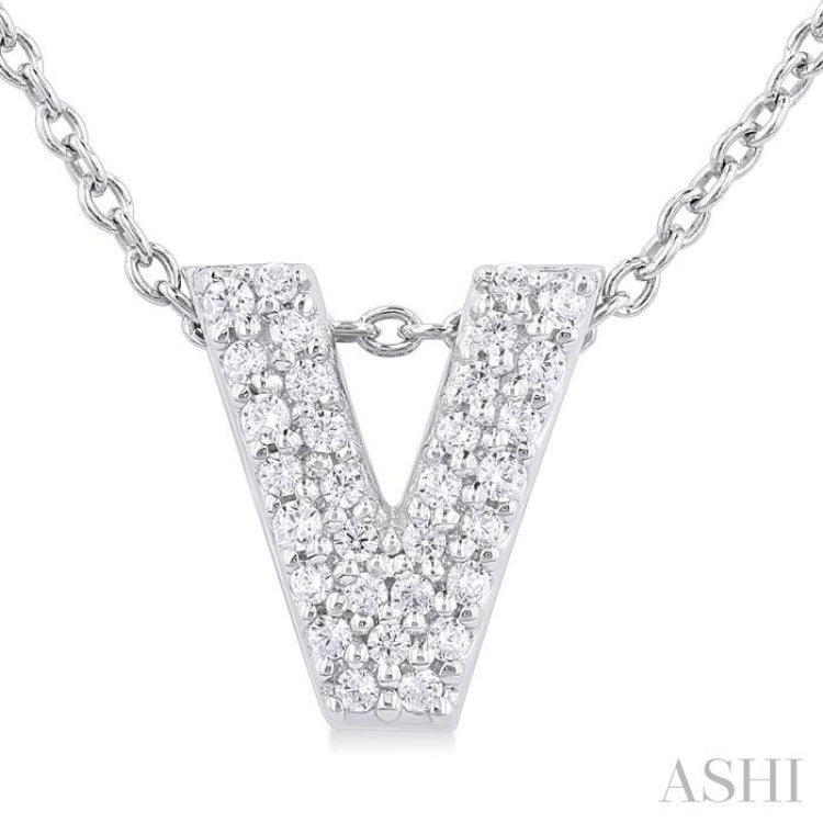1/10 Ctw Bubble Accent Initial 'V' Round Cut Diamond Fashion Pendant With Chain in 10K White Gold