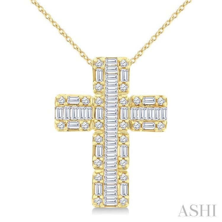 1 Ctw Fusion Baguette and Round Cut Diamond Cross Fashion Pendant With Chain in 14K Yellow Gold