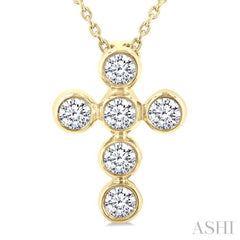 1/4 Ctw Round Cut Diamond 6-Stone Bezel Set Cross Pendant With Chain in 14K Yellow Gold