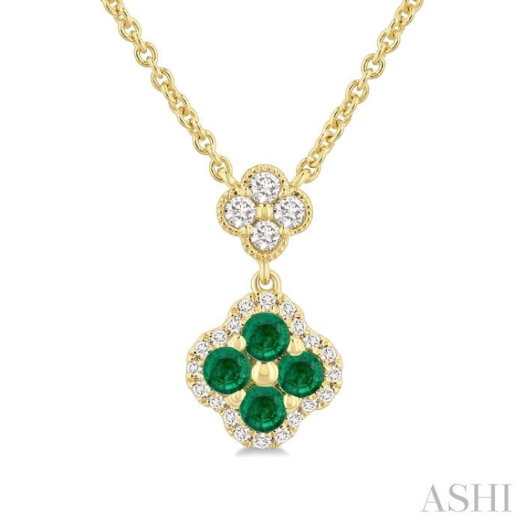 2.4 MM Round Shape Emerald and 1/4 Ctw Clover Round Cut Diamond Station Necklace in 14K Yellow Gold