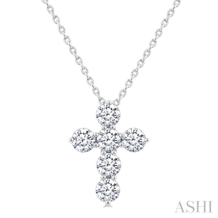 3/4 Ctw Round Cut Diamond Christian Cross 6-Stone Fashion Pendant With Chain in 14K White Gold