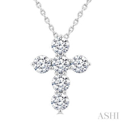 3/4 Ctw Round Cut Diamond Christian Cross 6-Stone Fashion Pendant With Chain in 14K White Gold