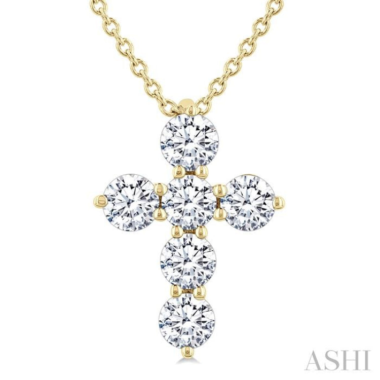 1/2 Ctw Round Cut Diamond Christian Cross 6-Stone Fashion Pendant With Chain in 14K Yellow Gold