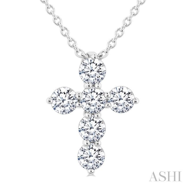 1/3 Ctw Round Cut Diamond Christian Cross 6-Stone Fashion Pendant With Chain in 14K White Gold