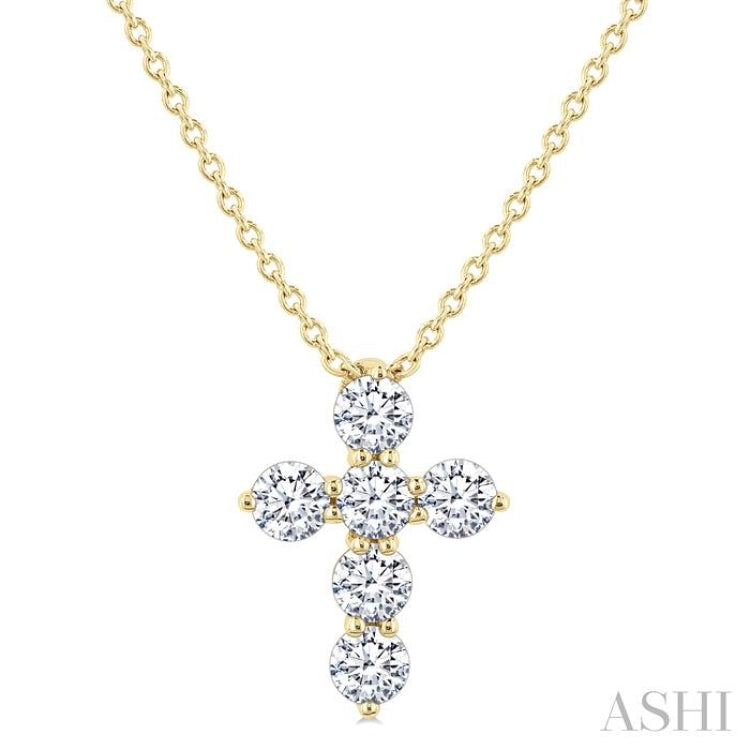 1/3 Ctw Round Cut Diamond Christian Cross 6-Stone Fashion Pendant With Chain in 14K Yellow Gold