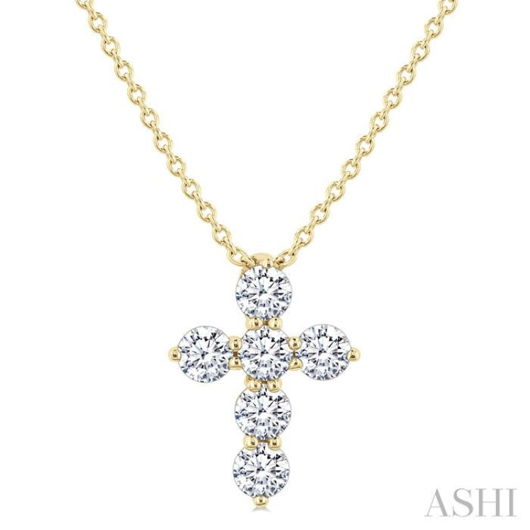 1/3 Ctw Round Cut Diamond Christian Cross 6-Stone Fashion Pendant With Chain in 14K Yellow Gold