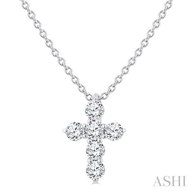 1/4 Ctw Round Cut Diamond Christian Cross 6-Stone Fashion Pendant With Chain in 14K White Gold