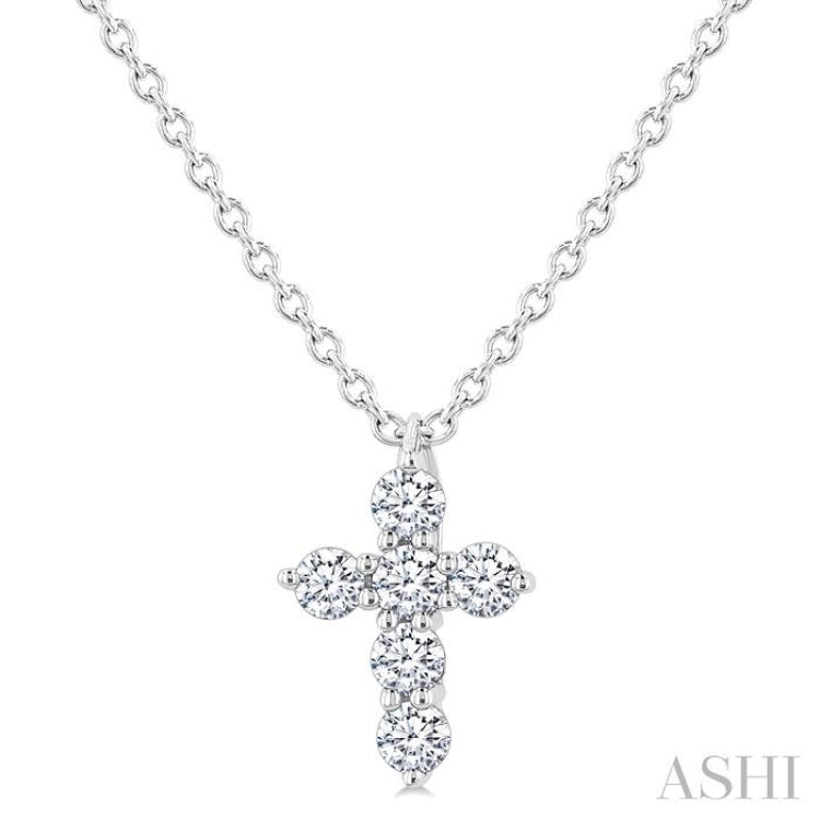 1/6 Ctw Round Cut Diamond Christian Cross 6-Stone Fashion Pendant With Chain in 14K White Gold