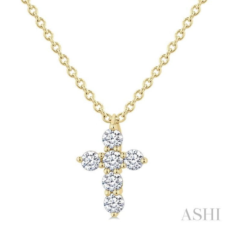 1/6 Ctw Round Cut Diamond Christian Cross 6-Stone Fashion Pendant With Chain in 14K Yellow Gold
