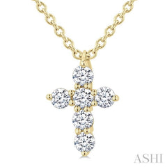 1/6 Ctw Round Cut Diamond Christian Cross 6-Stone Fashion Pendant With Chain in 14K Yellow Gold