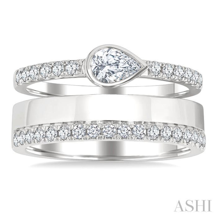 3/4 Ctw Split Twin Row Bezel Set Pear and Round Cut Diamond Fashion Ring in 14K White Gold