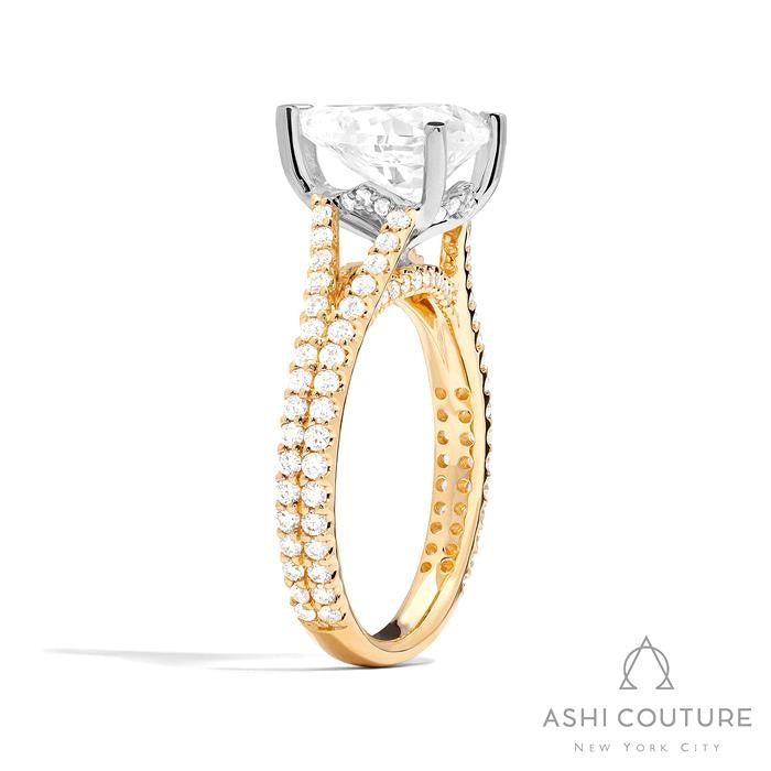 Bridal Split Shank Pear Semi-Mount Engagement Ring in Yellow and White Gold