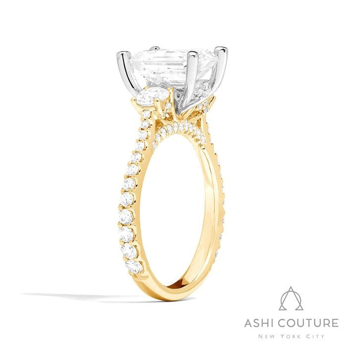 Bridal 3-Stone Diamond Emerald Semi-Mount Engagement Ring With Round Side Diamonds in Yellow and White Gold