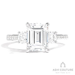 Bridal 3-Stone Diamond Emerald Semi-Mount Engagement Ring With Round Side Diamonds in White Gold