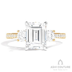 Bridal 3-Stone Diamond Emerald Semi-Mount Engagement Ring With Round Side Diamonds in Yellow and White Gold