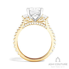 Bridal 3-Stone Diamond Emerald Semi-Mount Engagement Ring With Round Side Diamonds in Yellow and White Gold