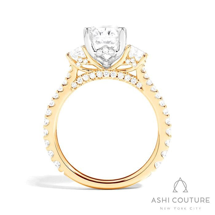 Bridal 3-Stone Diamond Oval Semi-Mount Engagement Ring With Round Side Diamonds in Yellow and White Gold