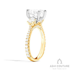 Bridal 3-Stone Diamond Pear Semi-Mount Engagement Ring With Round Side Diamonds in Yellow and White Gold