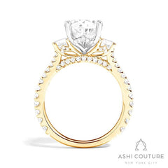 Bridal 3-Stone Diamond Pear Semi-Mount Engagement Ring With Round Side Diamonds in Yellow and White Gold