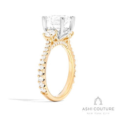 Bridal 3-Stone Diamond Round Semi-Mount Engagement Ring With Round Side Diamonds in Yellow and White Gold