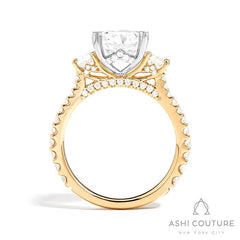 Bridal 3-Stone Diamond Round Semi-Mount Engagement Ring With Round Side Diamonds in Yellow and White Gold